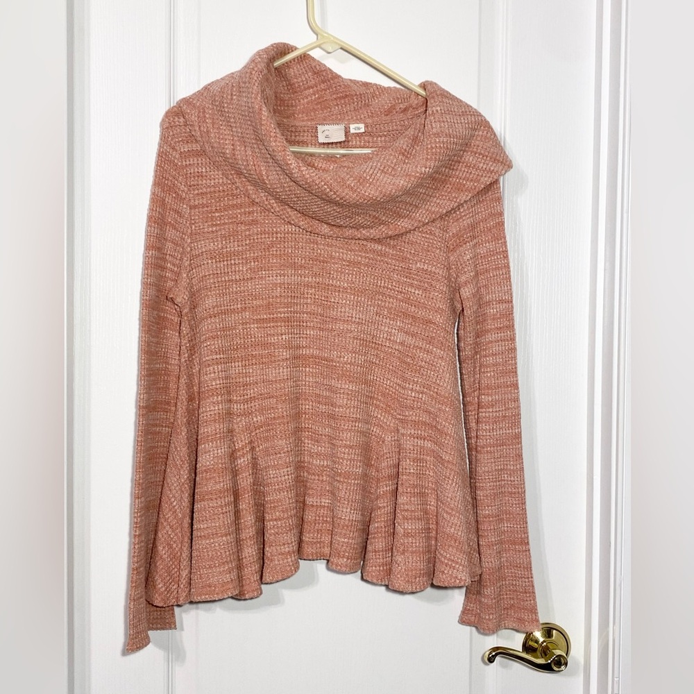 Anthro Postmark Peplum Style Cowl Neck Waffle Knit Top Pink Small